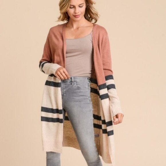 Doe & Rae Sweaters - NEW! Doe & Rae Large Sweater Cardigan Angora Duster Mid Length Striped Open \